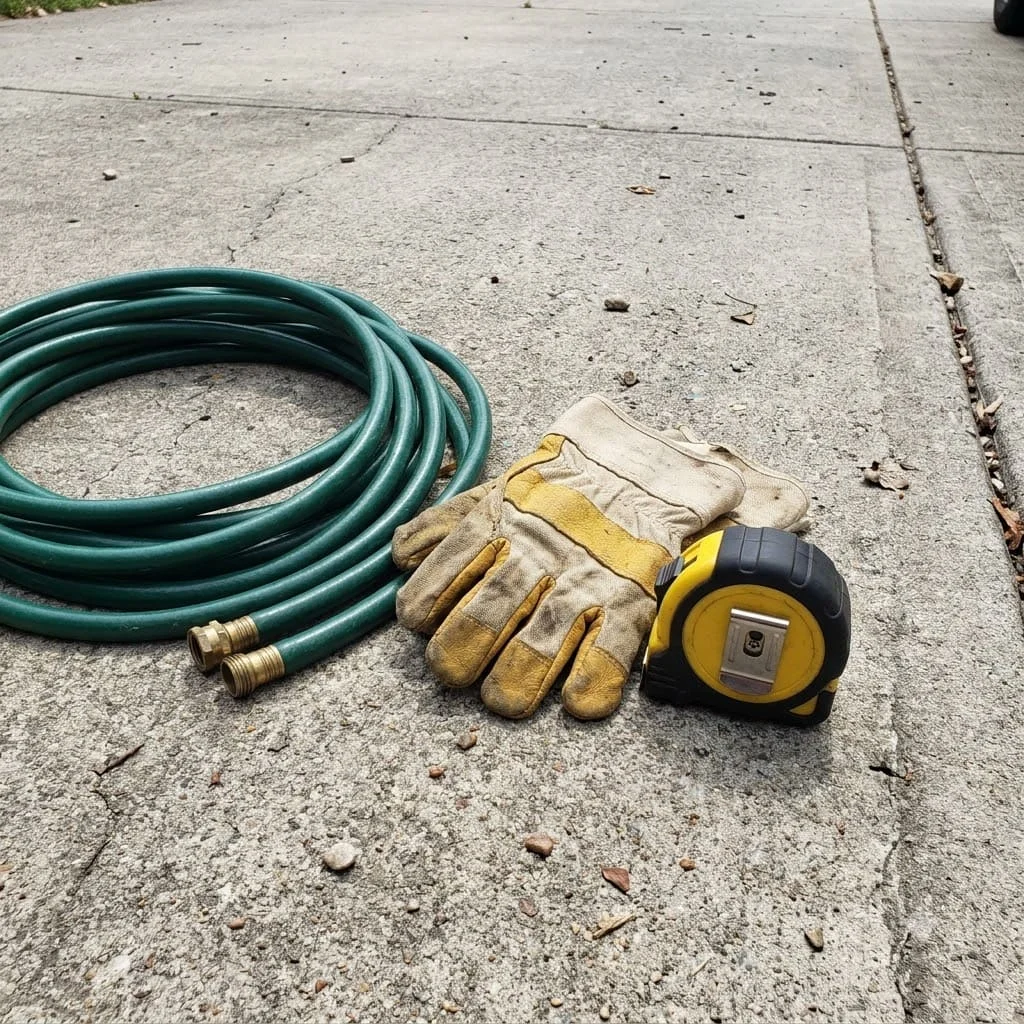A tape measure, a pair of work gloves and a hose coiled on a concrete driveway
