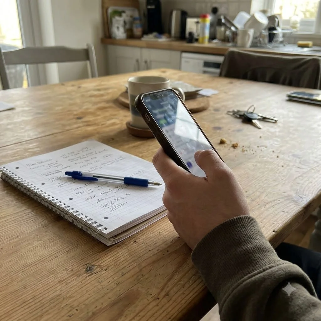 A hand holding a phone at a kitchen table