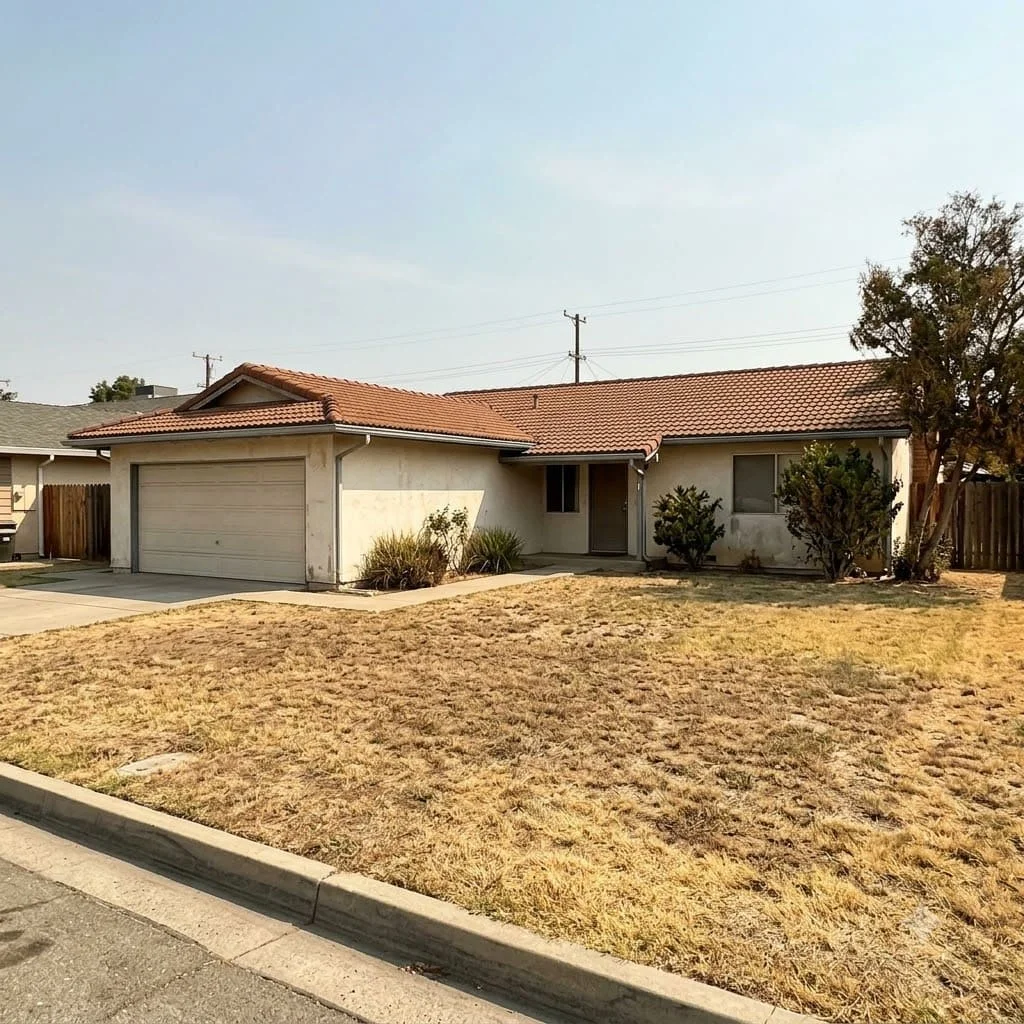 A single-story Madera ranch house with a tile roof and gutters
