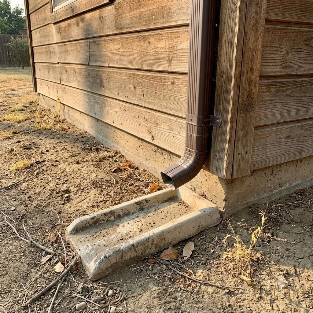 A downspout and splash block at the corner of a Madera house