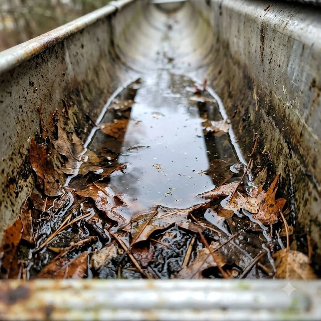 A gutter trough holding a pocket of standing water over wet leaves