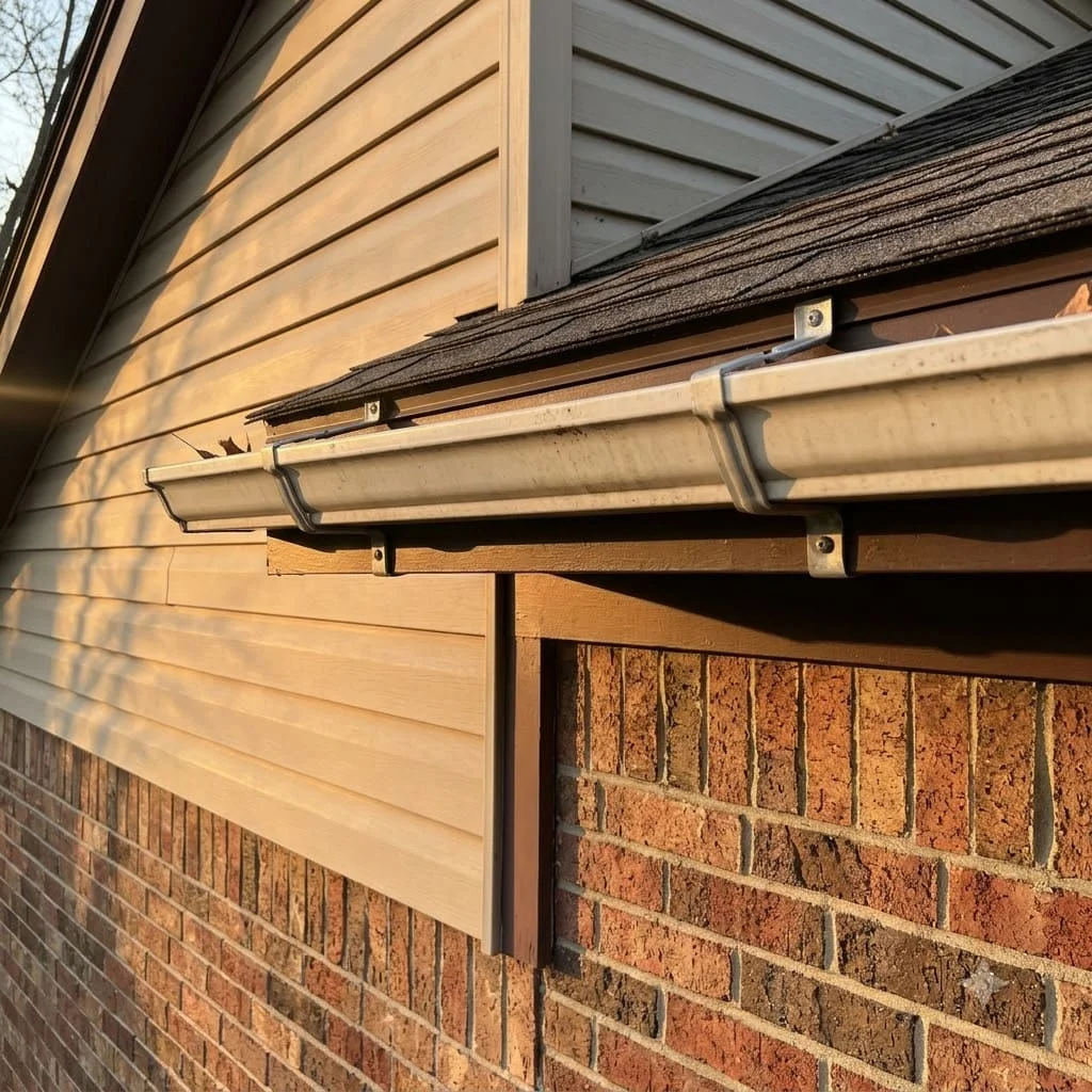 One gutter section and its brackets on a brick-and-siding house
